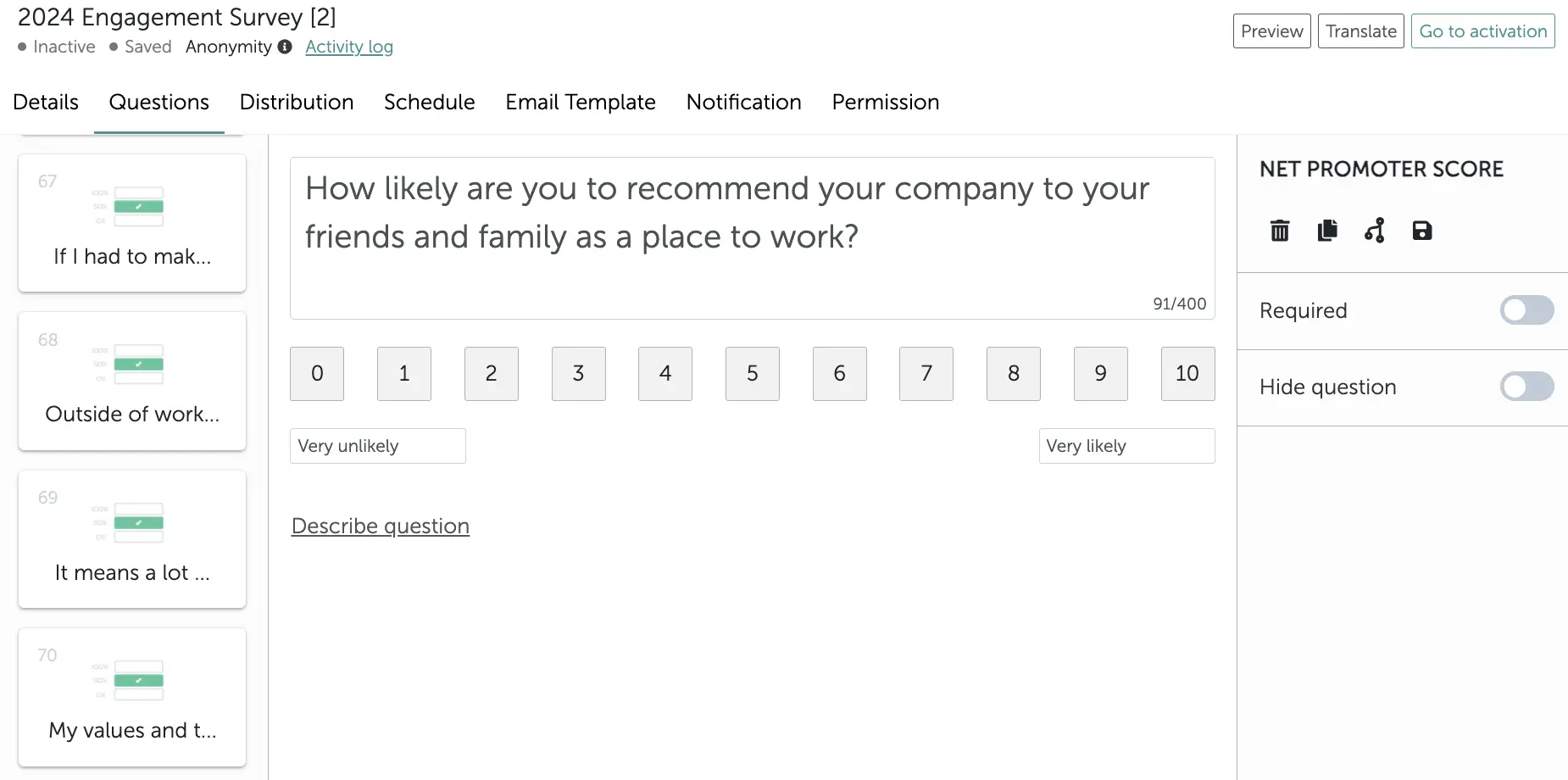 Employee net promoter score - eNPS survey question