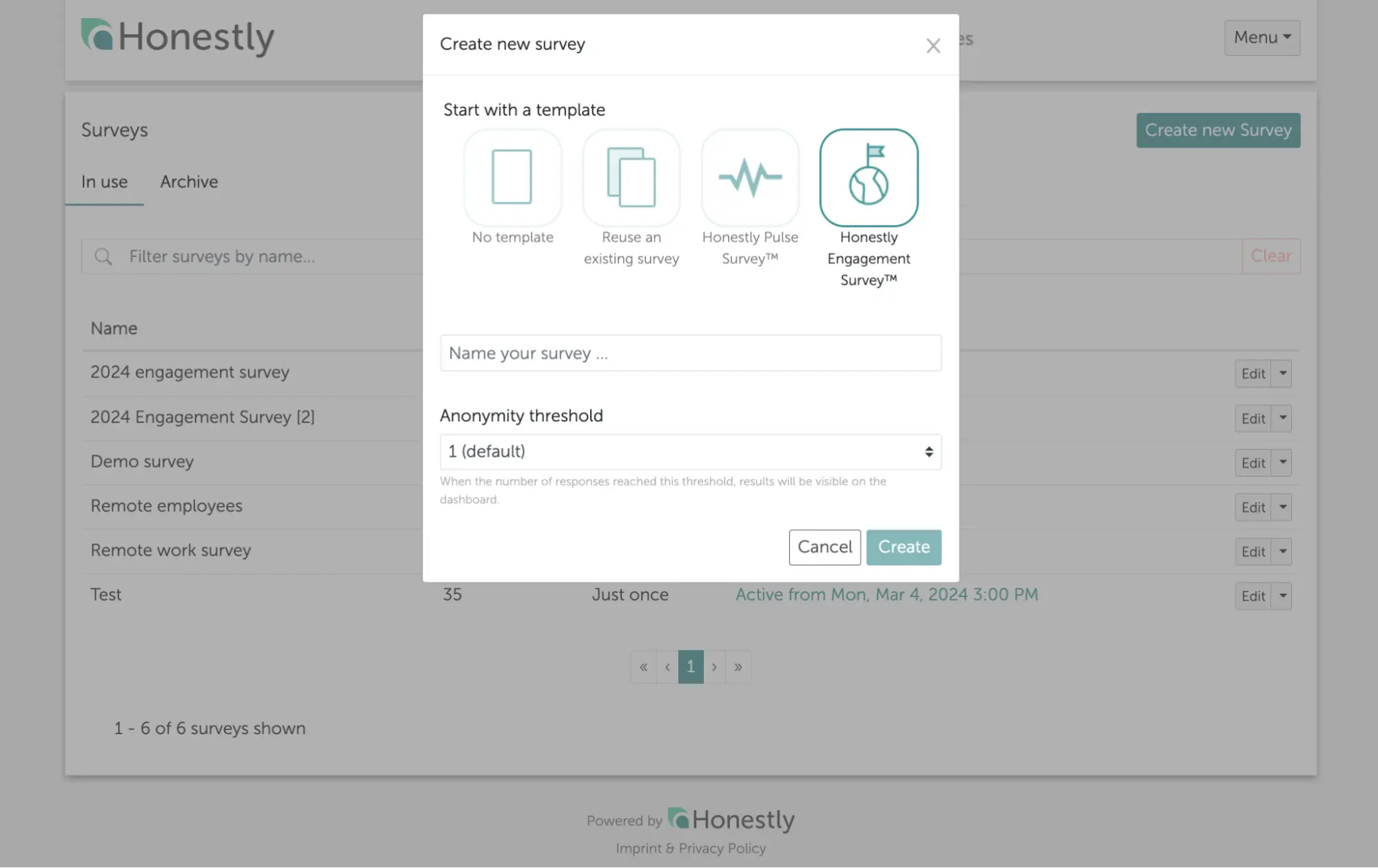 Honestly employee engagement survey template