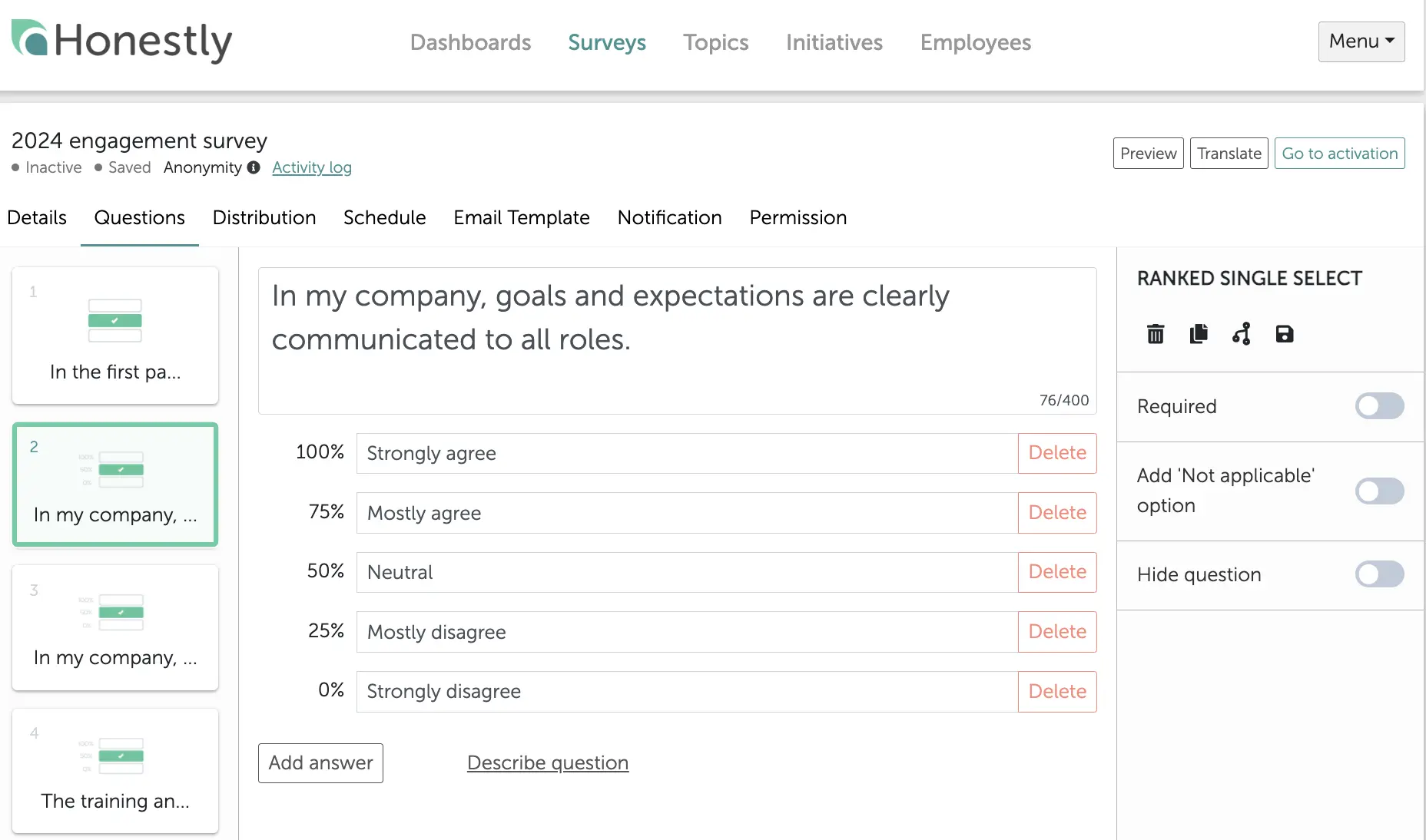 Employee engagement survey question agreement scale