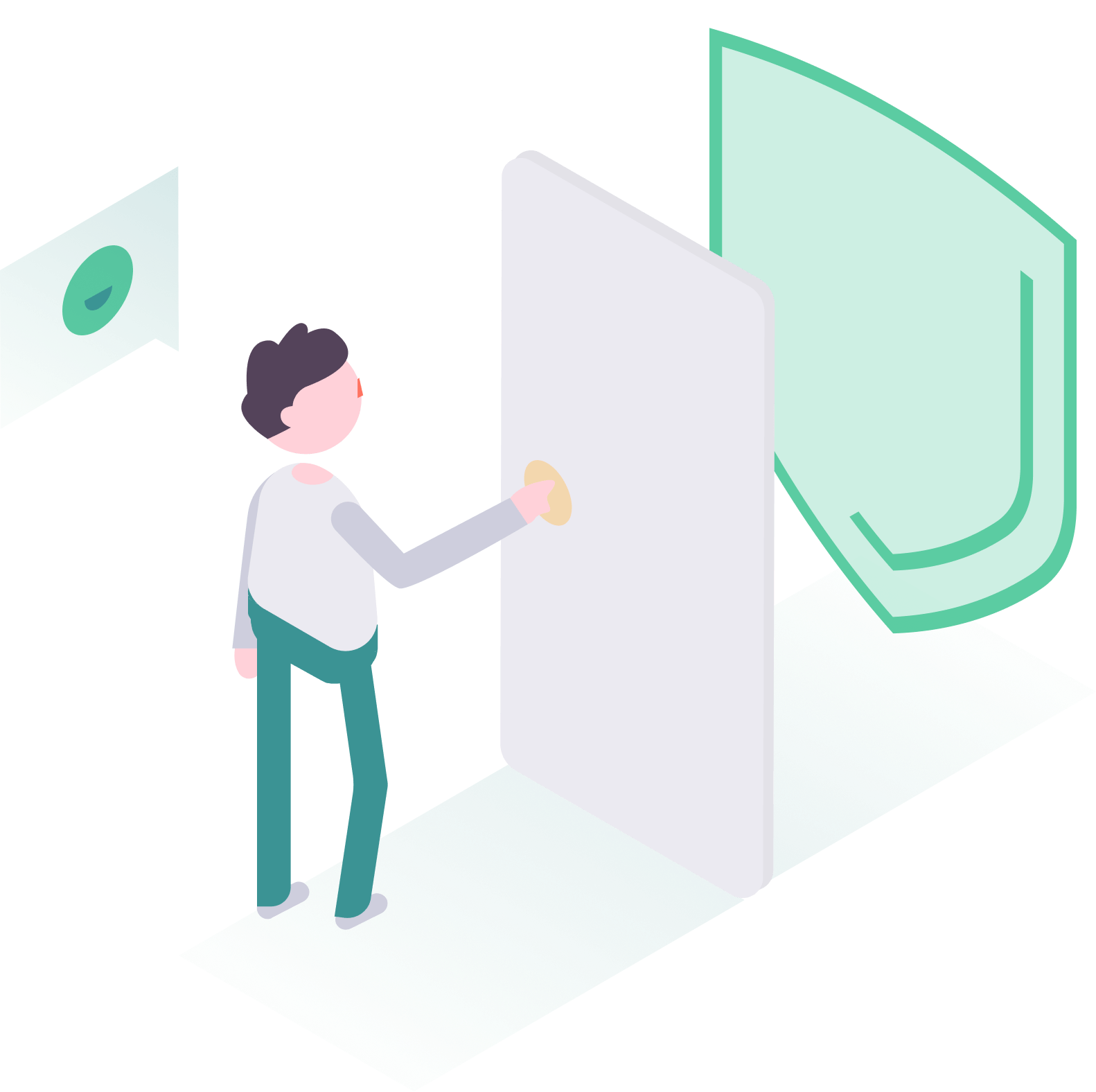 Illustration of a person opening a door with a protective shield behind it, representing protected employee data