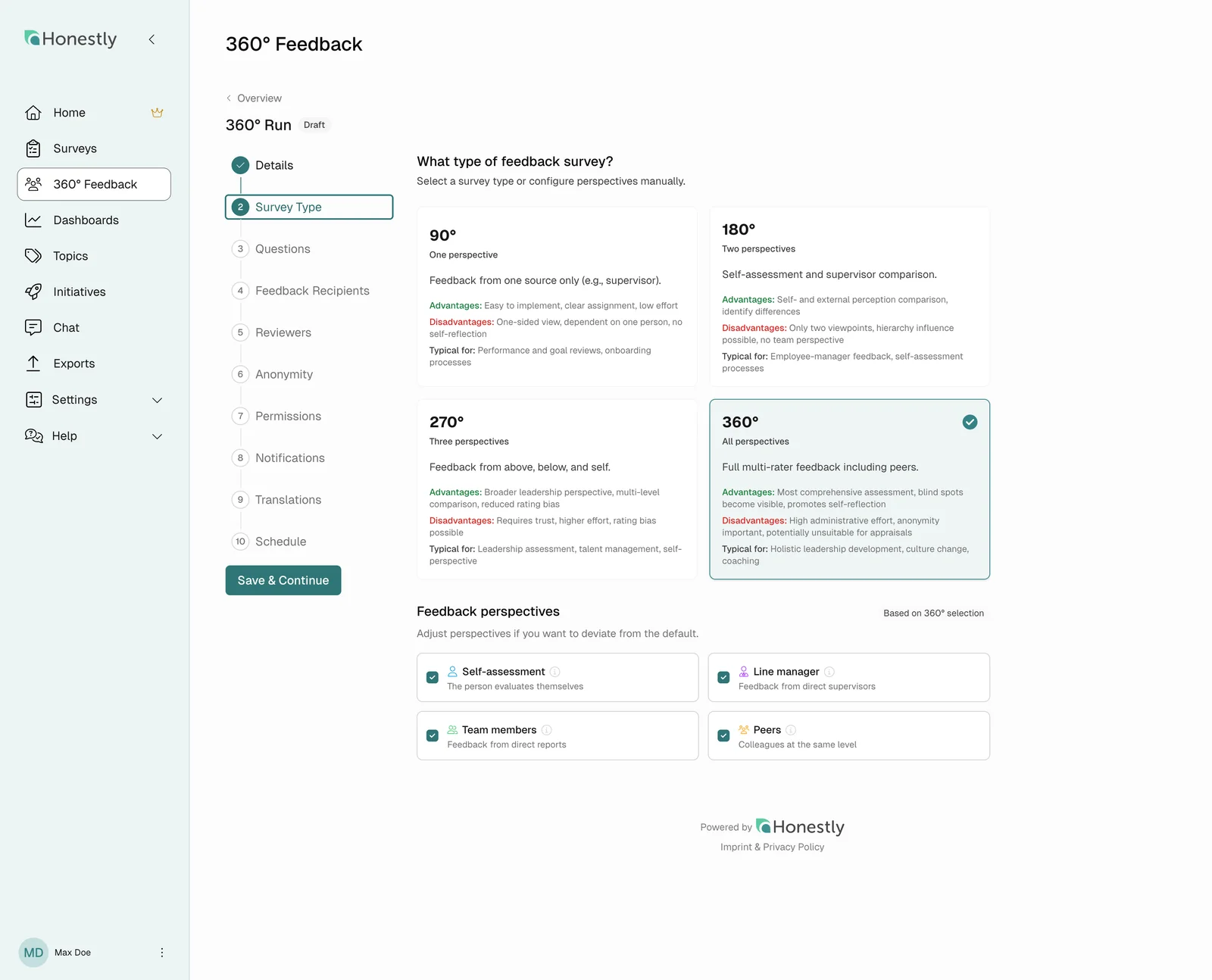Choosing the survey type from 90 to 360 degrees with pros and cons