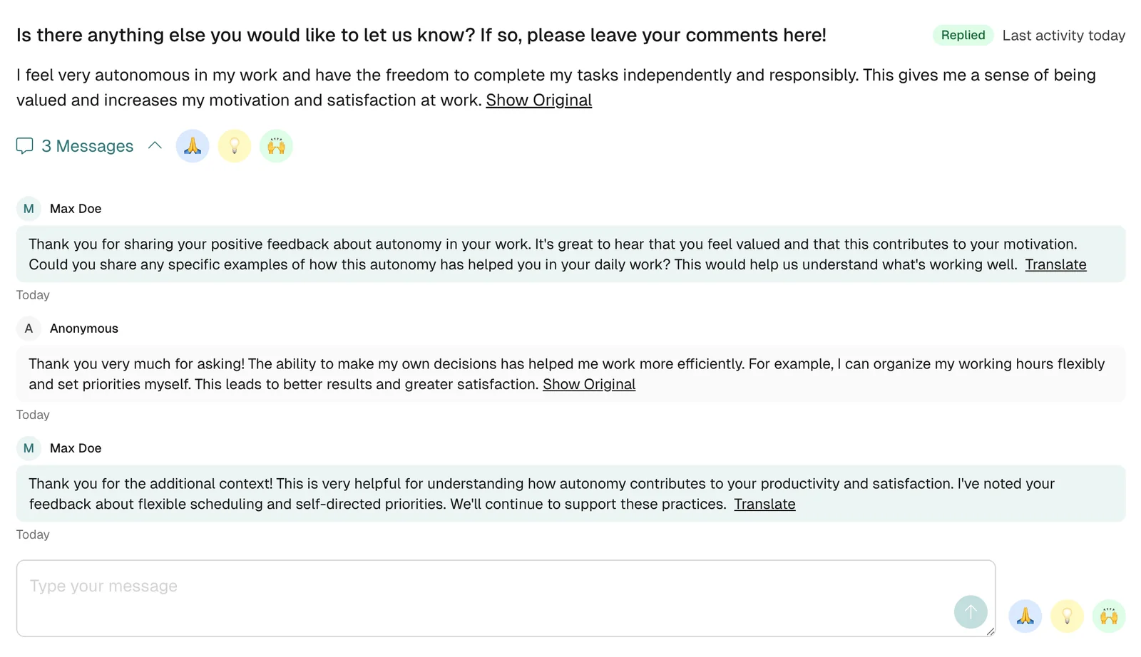 Anonymous dialogue between HR and an employee about an open-text answer