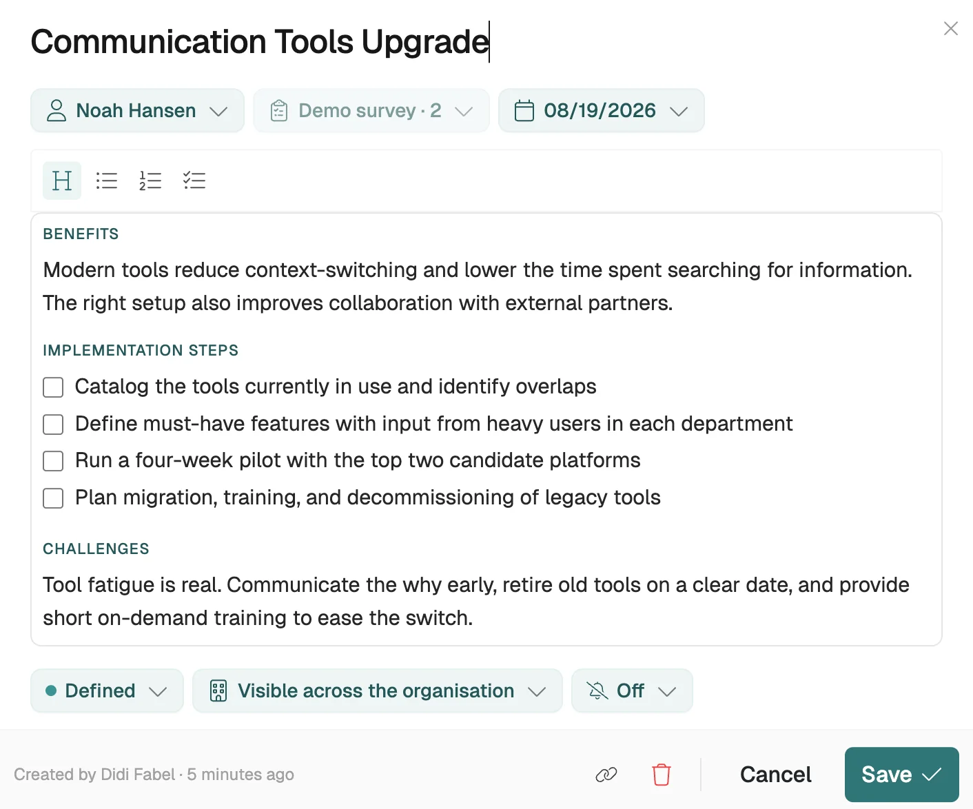 Initiative with owner, survey reference, deadline and implementation checklist