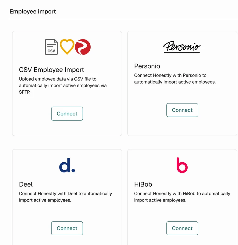 Employee import in Honestly with connections to common HR systems