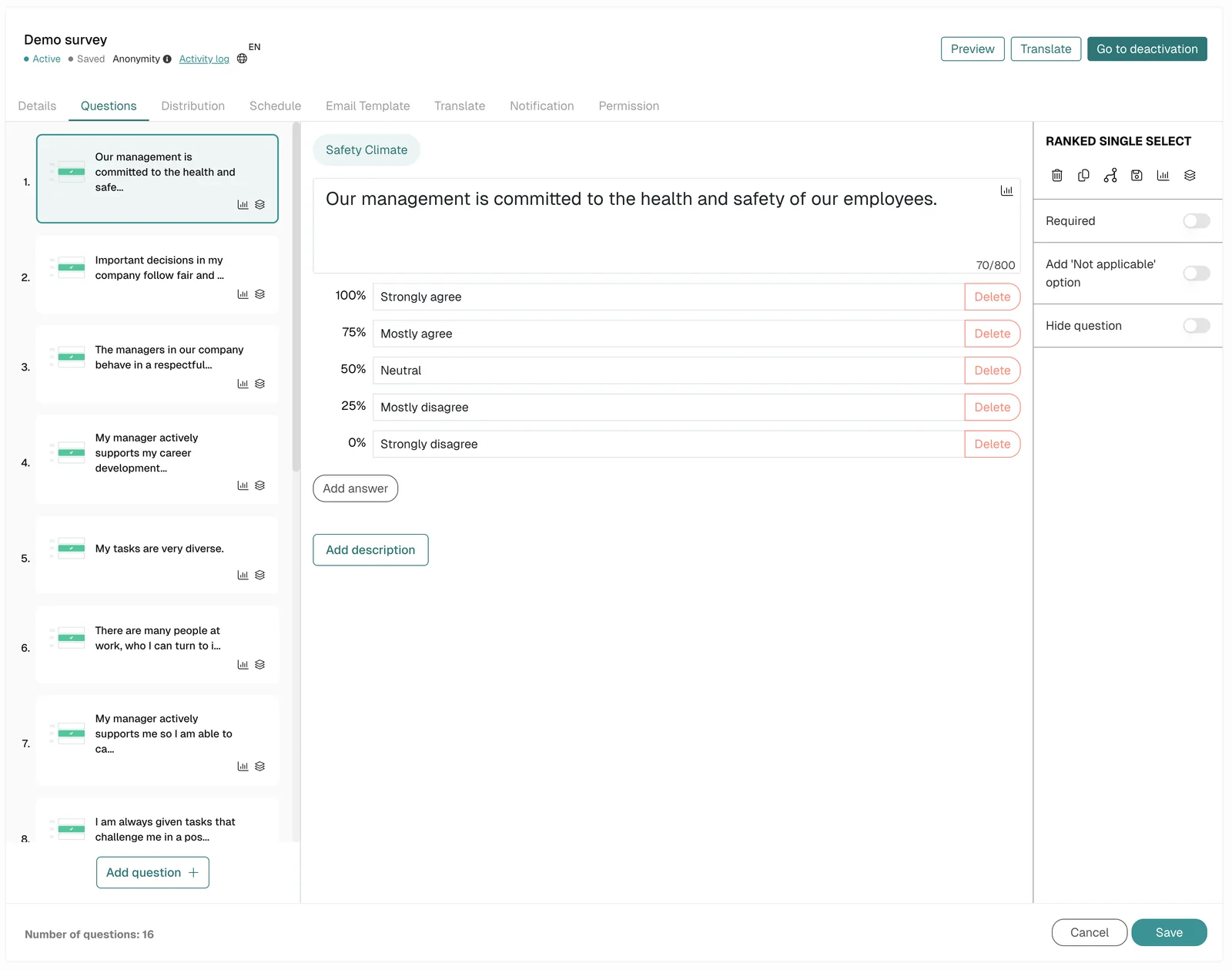 Honestly survey editor with question list, answer scale and question type settings