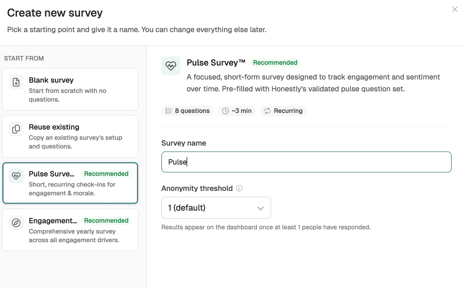 "Create new survey" dialog with starting point, survey name and anonymity threshold