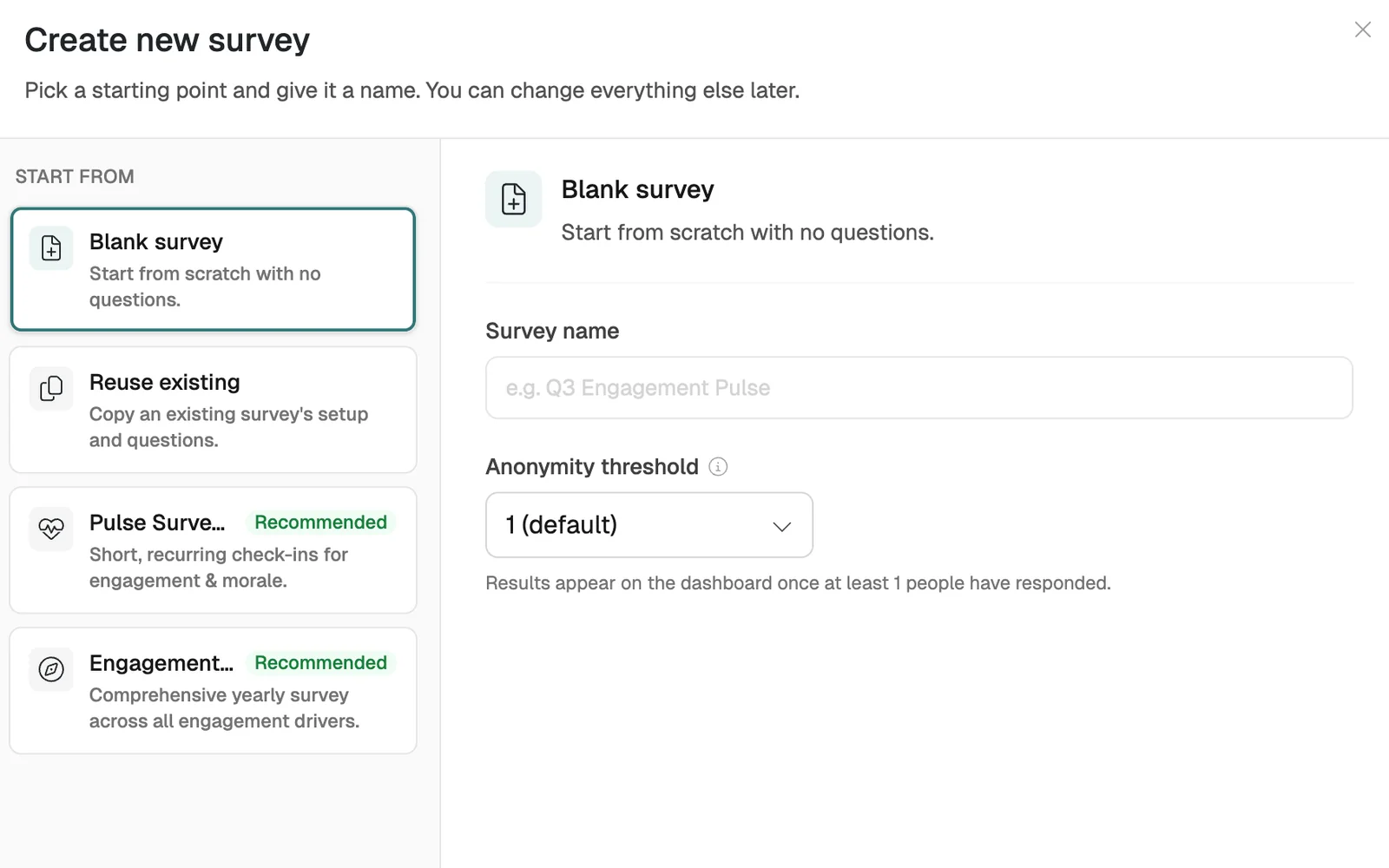 "Create new survey" dialog with the empty survey option selected, name field and anonymity threshold