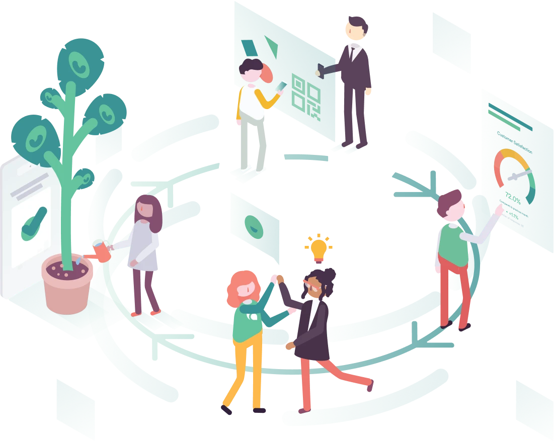Illustration of a team in a continuous feedback cycle with mood dashboards