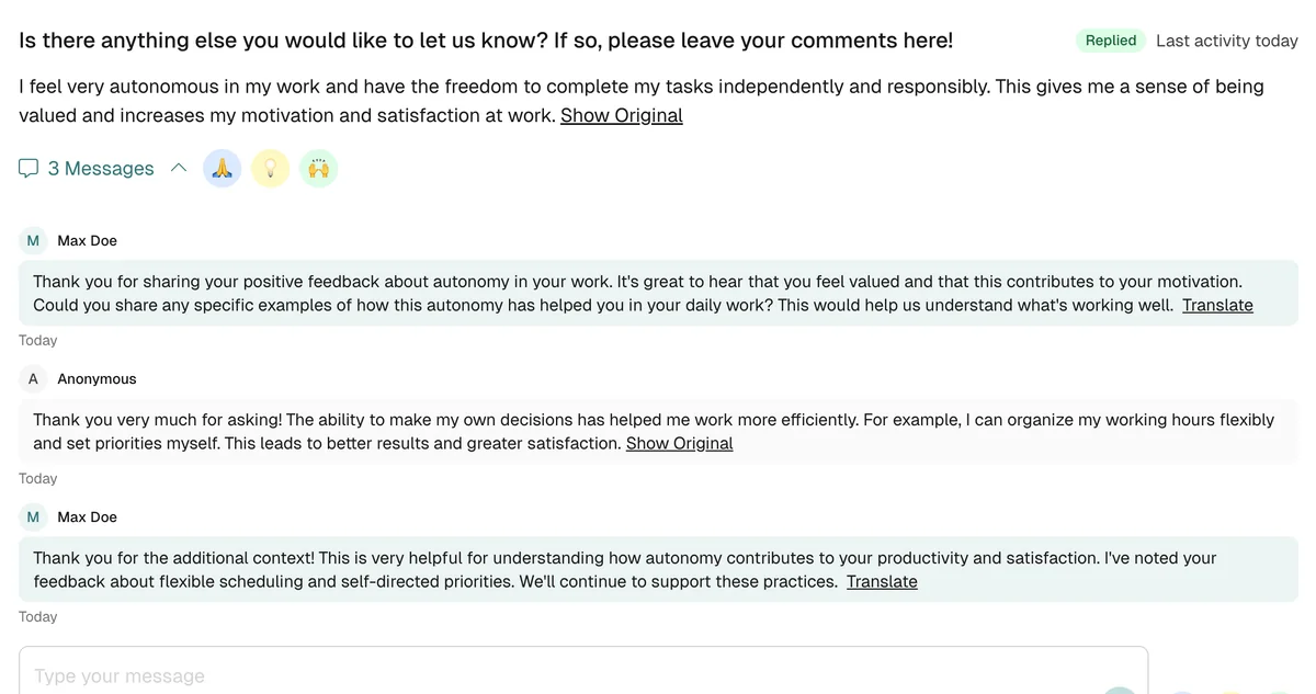 Anonymous dialogue between HR and an employee about an open-text answer